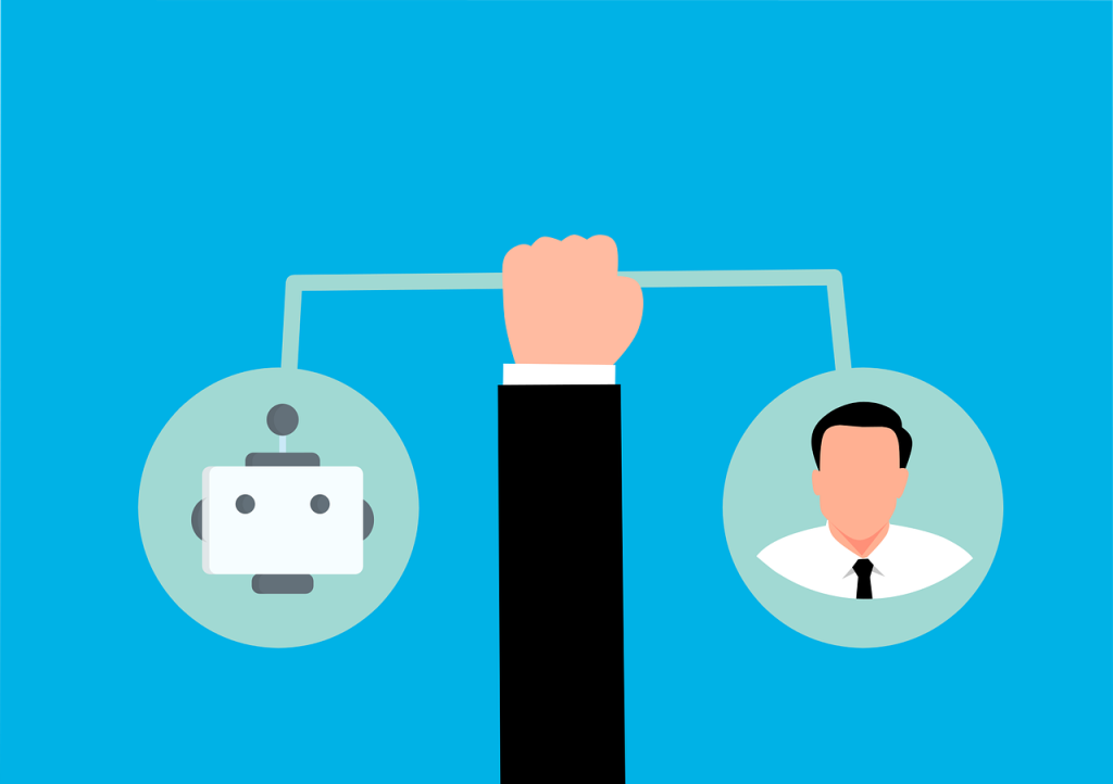 Illustration of a hand balancing a robot and a person, representing automated and human workflows