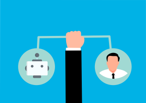 Illustration of a hand balancing a robot and a person, representing automated and human workflows